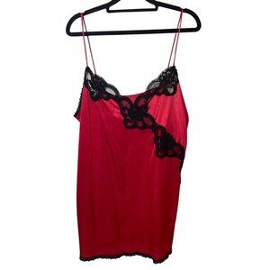 Vintage Red & Black Lace Trim Satin Chemise Nightgown Size Large
